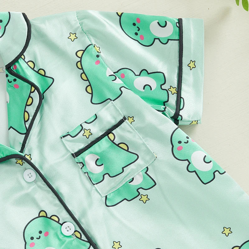 Kids Summer Pajama Set with Cute Animal Print Short Sleeve Button Down V Neck Top and Shorts Lounge Wear 2 Piece Set