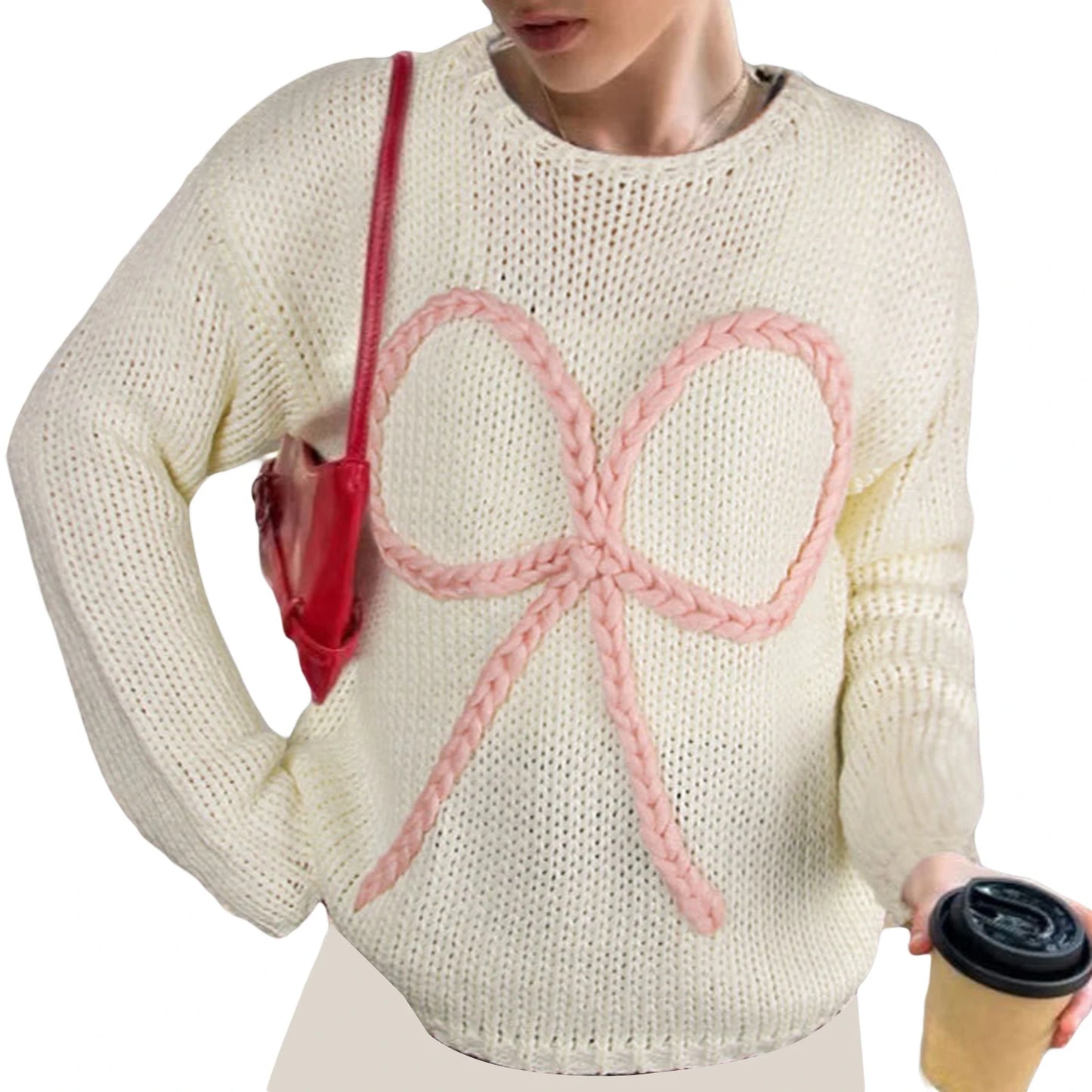 Women s Cozy Cable Knit Sweater with Oversized Bow Detail and Embroidery Long Sleeve Round Neck Pullover for Autumn