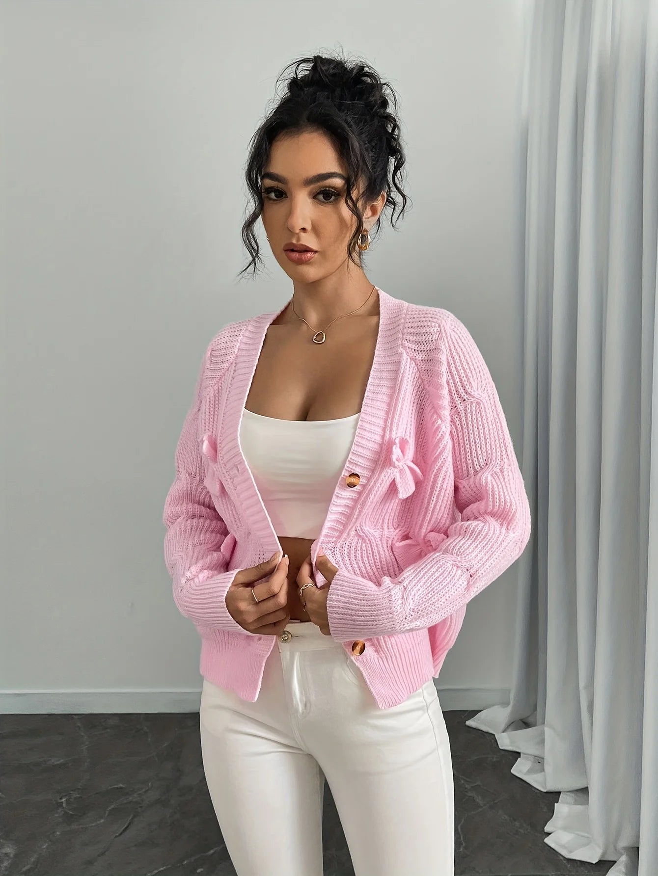 Autumn and Winter New Fashion Woman Sweater Solid Color Long Sleeve Bow Knit Cardigan Jacket Top Women's Clothing