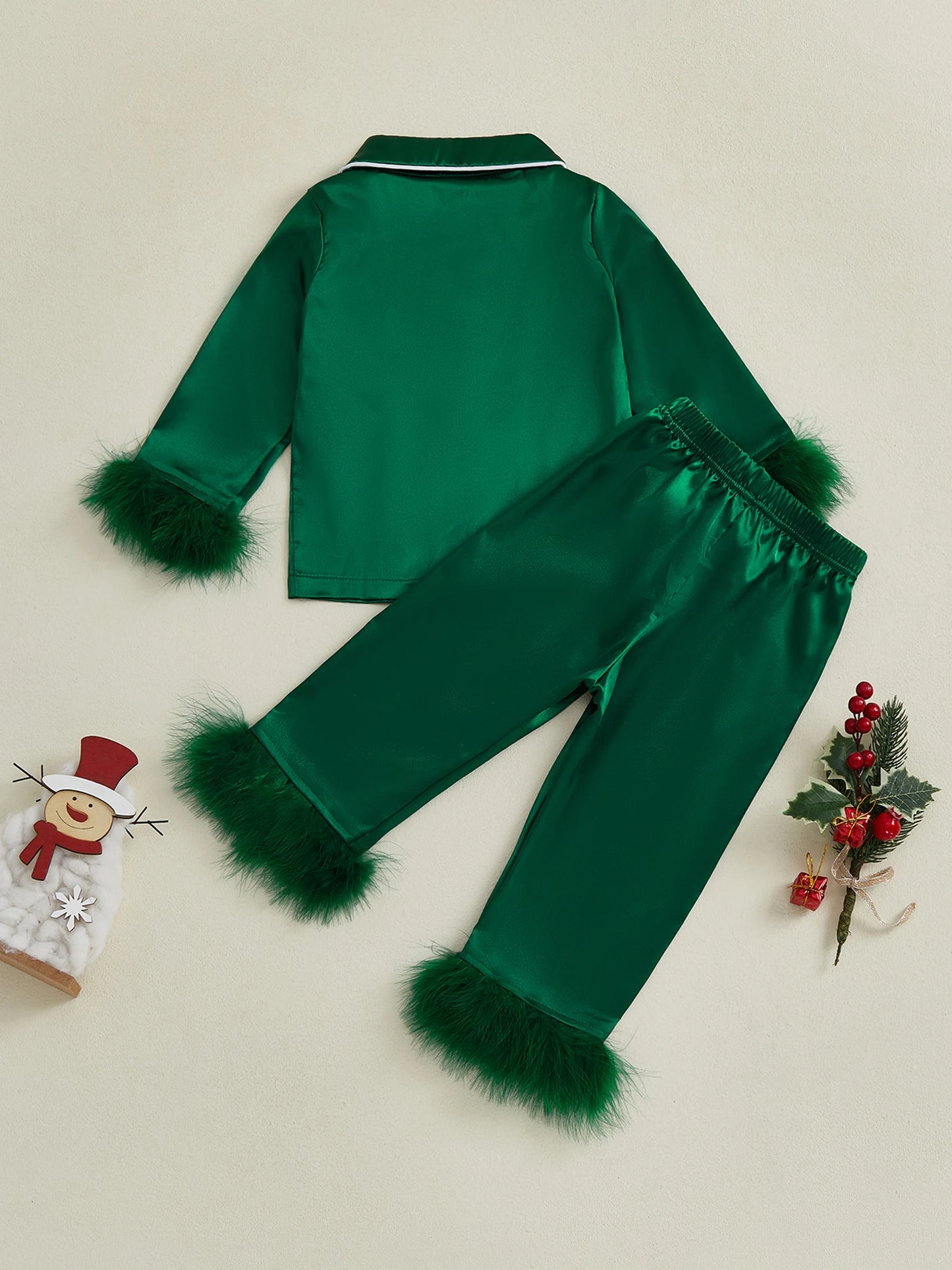 Children s Satin Pajama Set with Plush Trim Long Sleeve Button-up Shirt Elastic Waist Pants - 2 Piece Sleepwear Ensemble