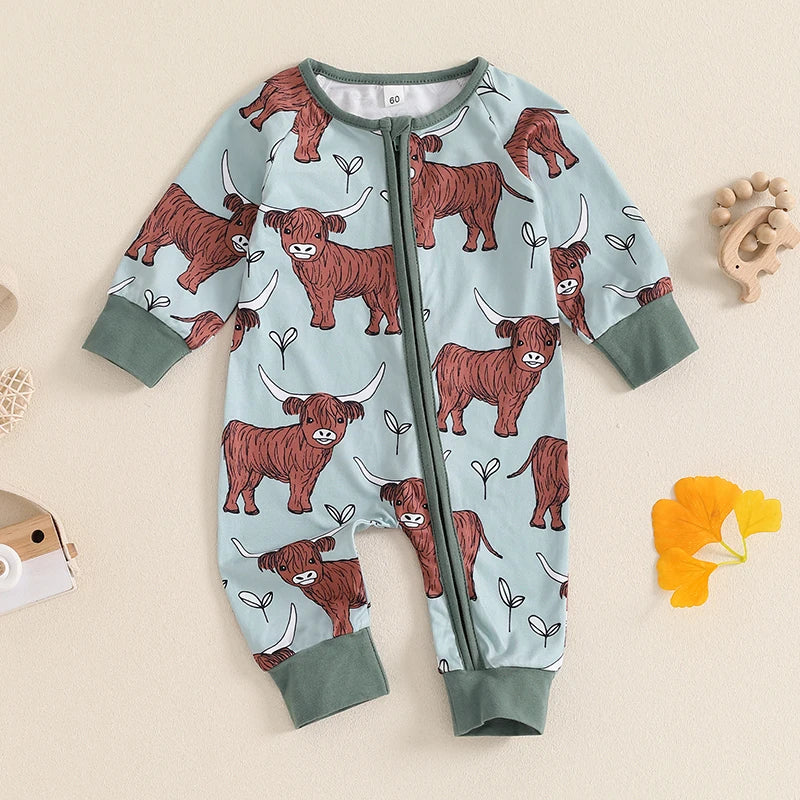 Infant Toddler Cow Print Round Neck Long Sleeve Zip-Up Western Romper Jumpsuit for Autumn - Unisex Baby Full Length Outfit