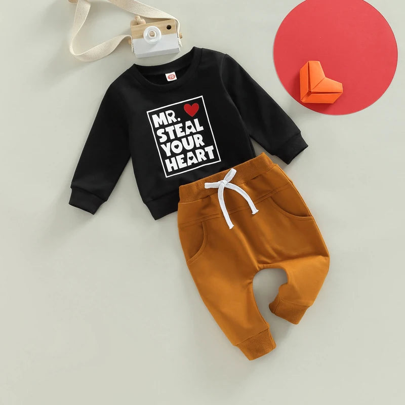 Baby Boy Valentine s Day Outfit Heart Print Hoodie Striped Pants Set for Toddler Boys 1-3 Years Old