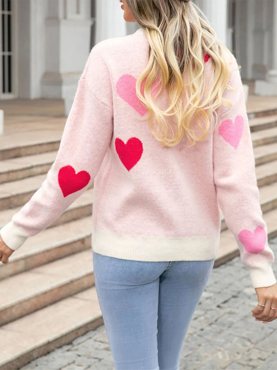 Women s Heart Print Sweaters Long Sleeve Round Neck Loose Pullovers Valentine’s Day Knit Tops