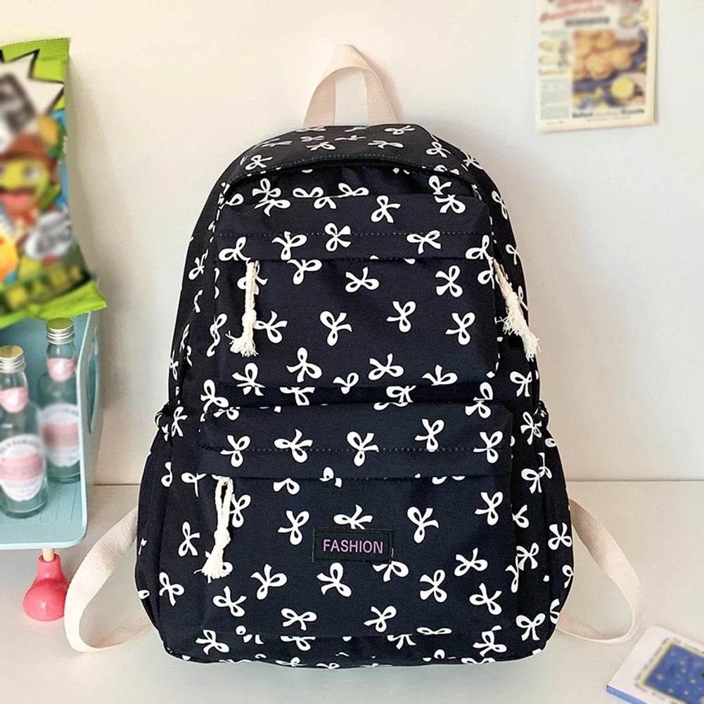 Bow Print Bookbag Preppy Travel Daypack Middle School Bag for Teen Girls