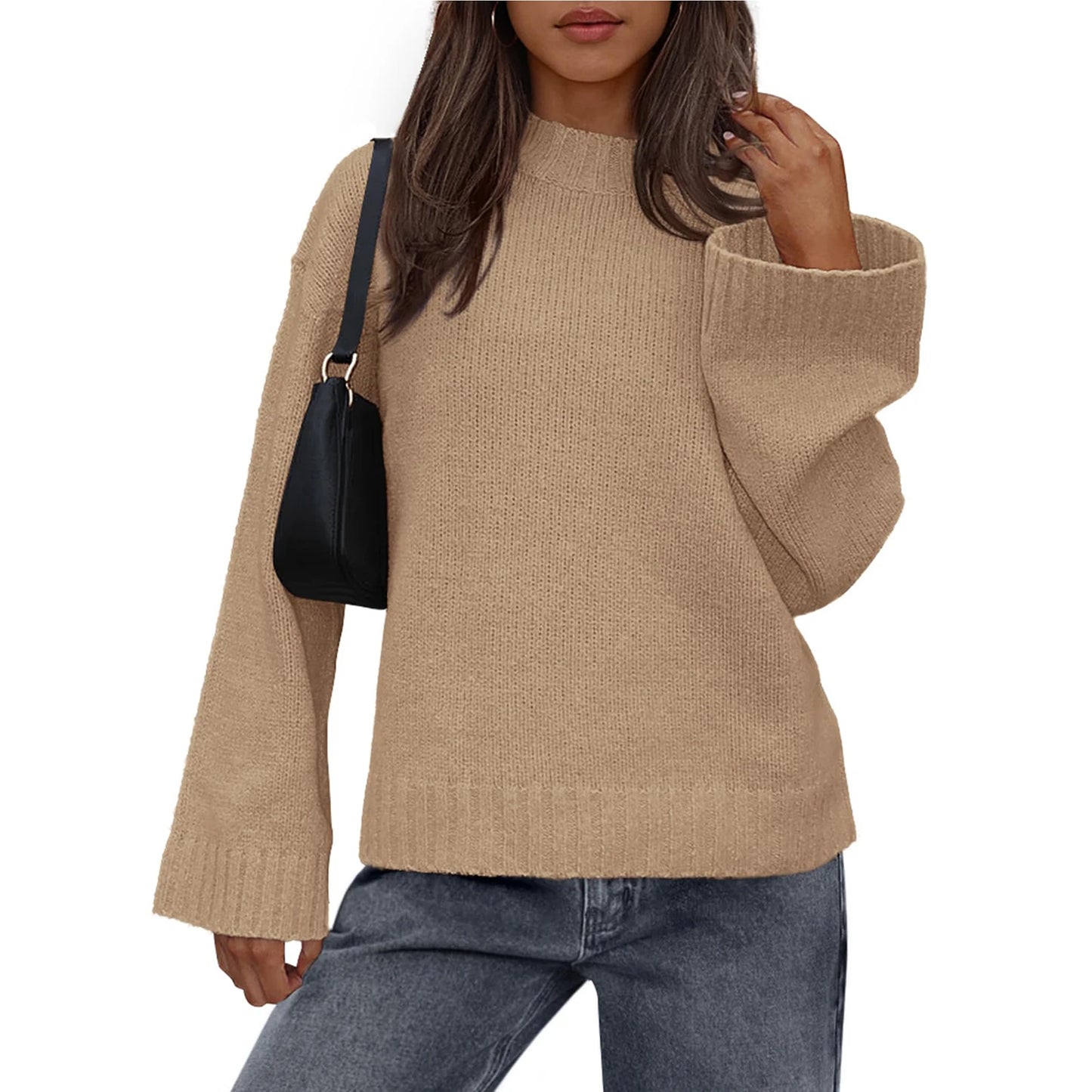 Womens Loose Round Neck Solid Color Bell Sleeve Long Sleeve Knitted Sweater Top Ropa De Mujer Sweater De Mujer Pull Femme