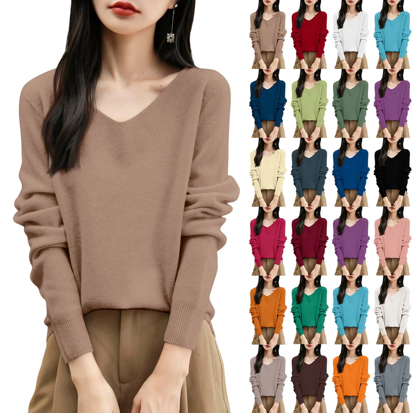 Women'S Fashion Flat-Knit V-Neck Pullover Sweater Solid Color Long-Sleeve Top Pulls Femmes Woman Clothes Sweater For Woman