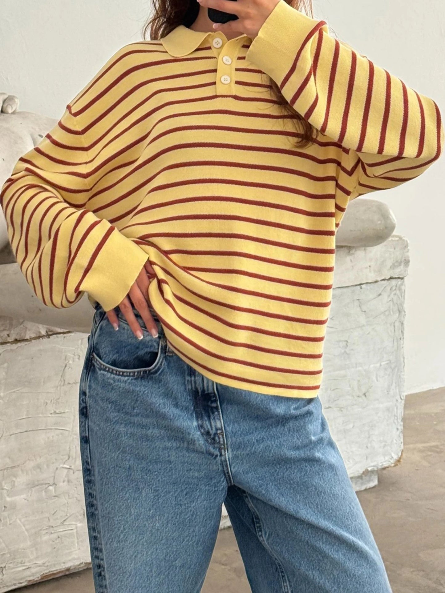 Women s Striped Collared Sweater with Loose Fit and Long Sleeves - Stylish Pullover Knit Top for Casual Winter and Fall Fashion