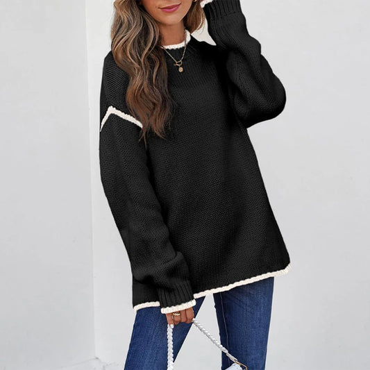Women'S Fashion Color Blocked Round Neck Long Sleeved Knitted Sweater Pullover Sweater Top Winter Clothes Woman Ropa De Mujer