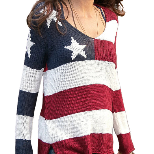 Women s 4th of July Knit Tops Flag Star Stripe Print Long Sleeve V-Neck Slit Hem  Knitwear