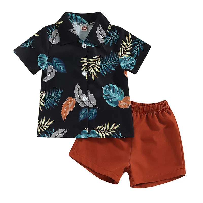 Baby Boy Summer Outfits Hawaiian Print Short Sleeve Shirt Denim Shorts Set for Toddler Boys