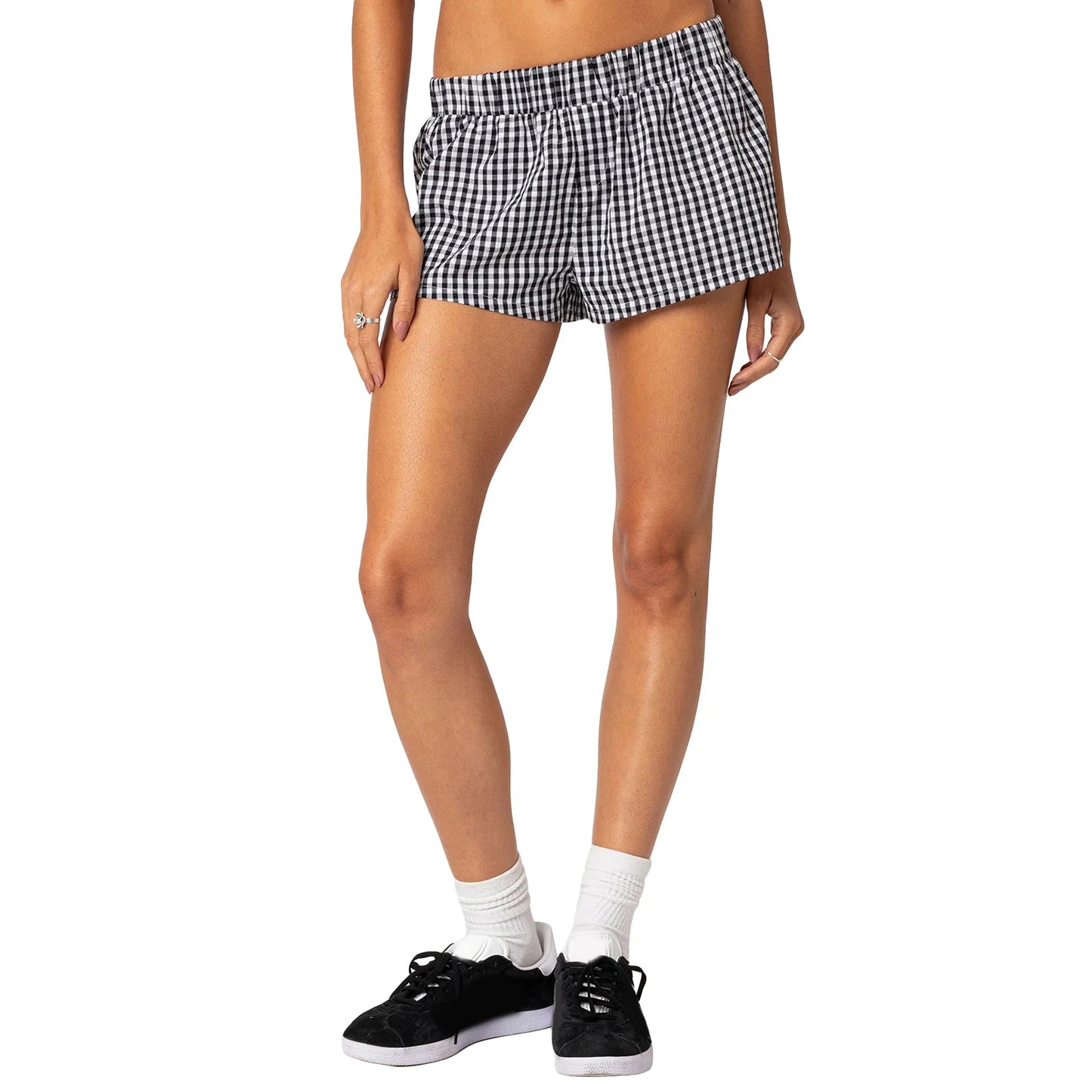 Women s Summer Casual Shorts Plaid Print Elastic Waist Loose Short Pants Pull On Lounge Shorts