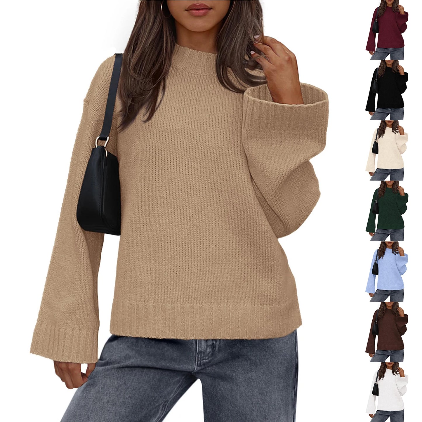 Womens Loose Round Neck Solid Color Bell Sleeve Long Sleeve Knitted Sweater Top Ropa De Mujer Sweater De Mujer Pull Femme