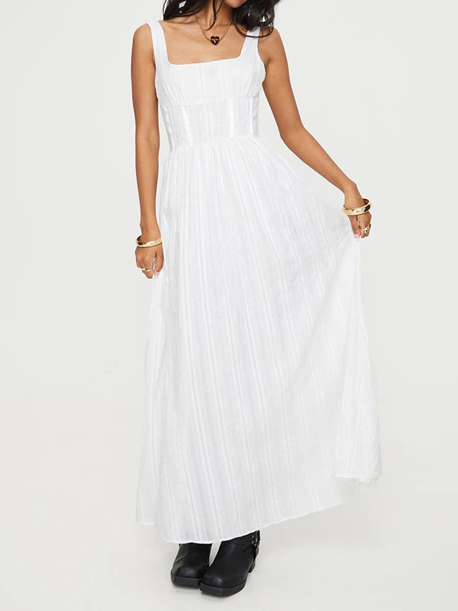 Women’s Sleeveless Long Dress Square Neck Smock Waist Side Zipper Evening Dress for Summer