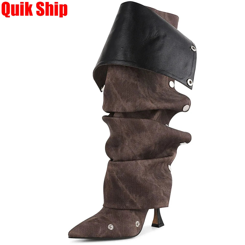 GIGIFOX Knee High Fold Over Boots For Women Stiletto High Heels Pointed Toe Back Zipper Shoes Adjustable Buckle Mid-calf Boots