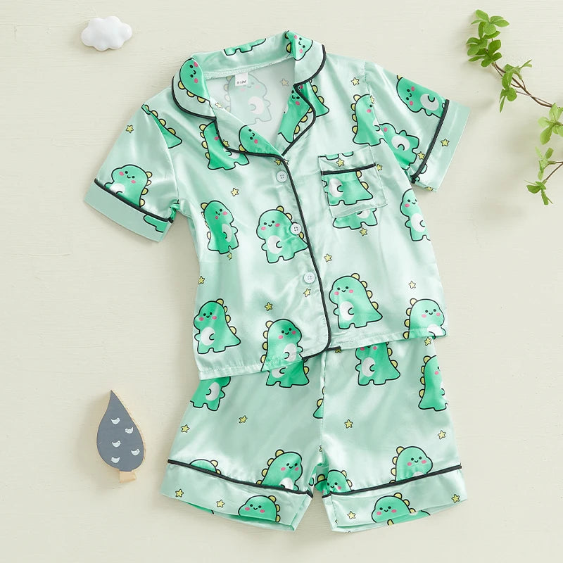 Kids Summer Pajama Set with Cute Animal Print Short Sleeve Button Down V Neck Top and Shorts Lounge Wear 2 Piece Set