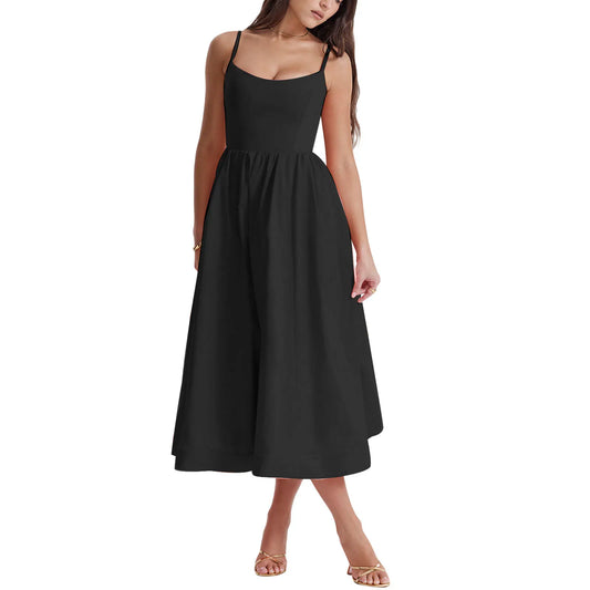 Women s Summer Midi Dress Solid Color Sleeveless Backless Party Dress Spaghetti Strap Beach Dress