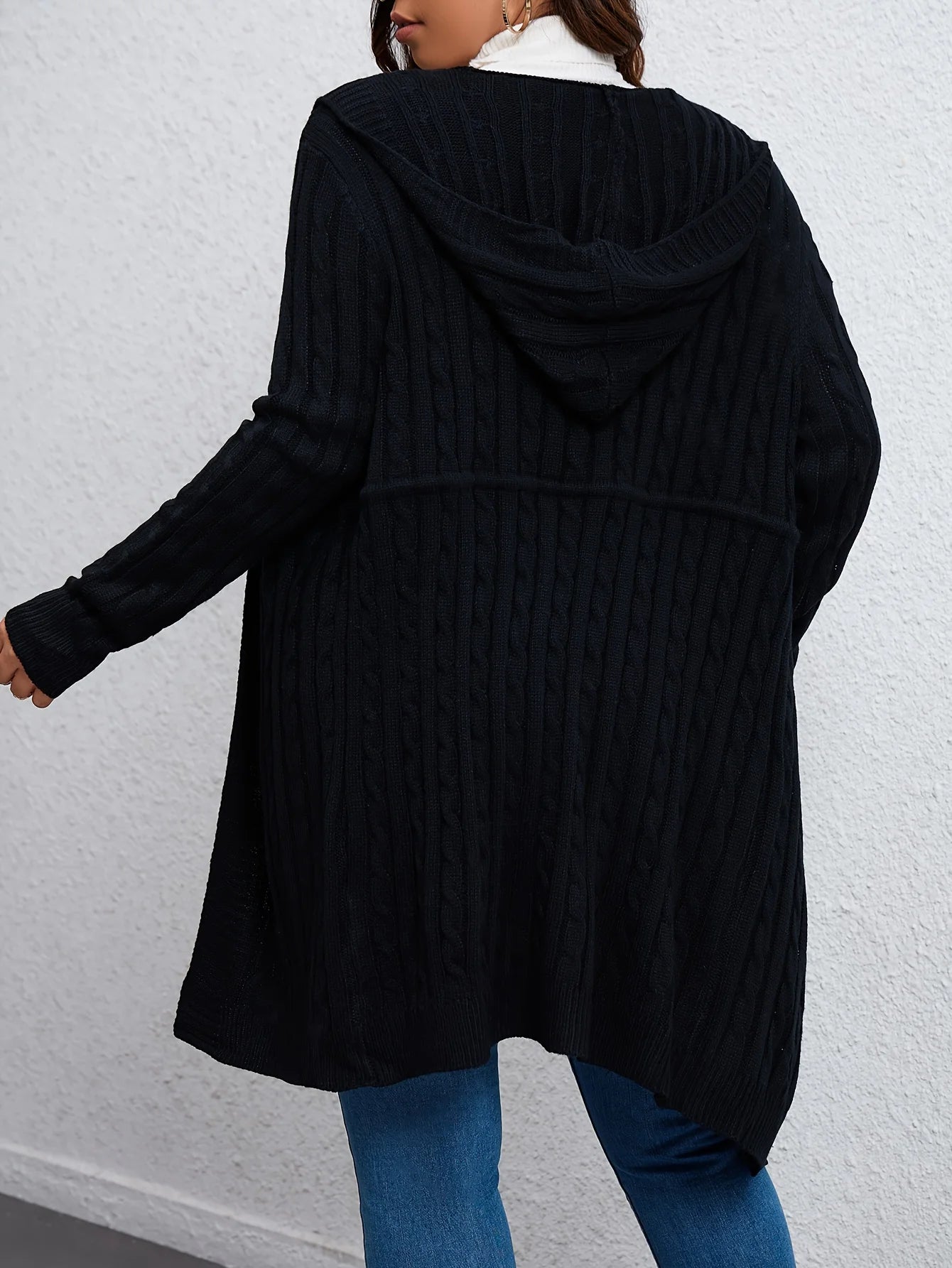 Plus Size 1XL-5XL Women's Versatile Solid Color Cardigan Top Fashionable Drawstring Knit Hooded Cardigan Casual Loose Cardigan