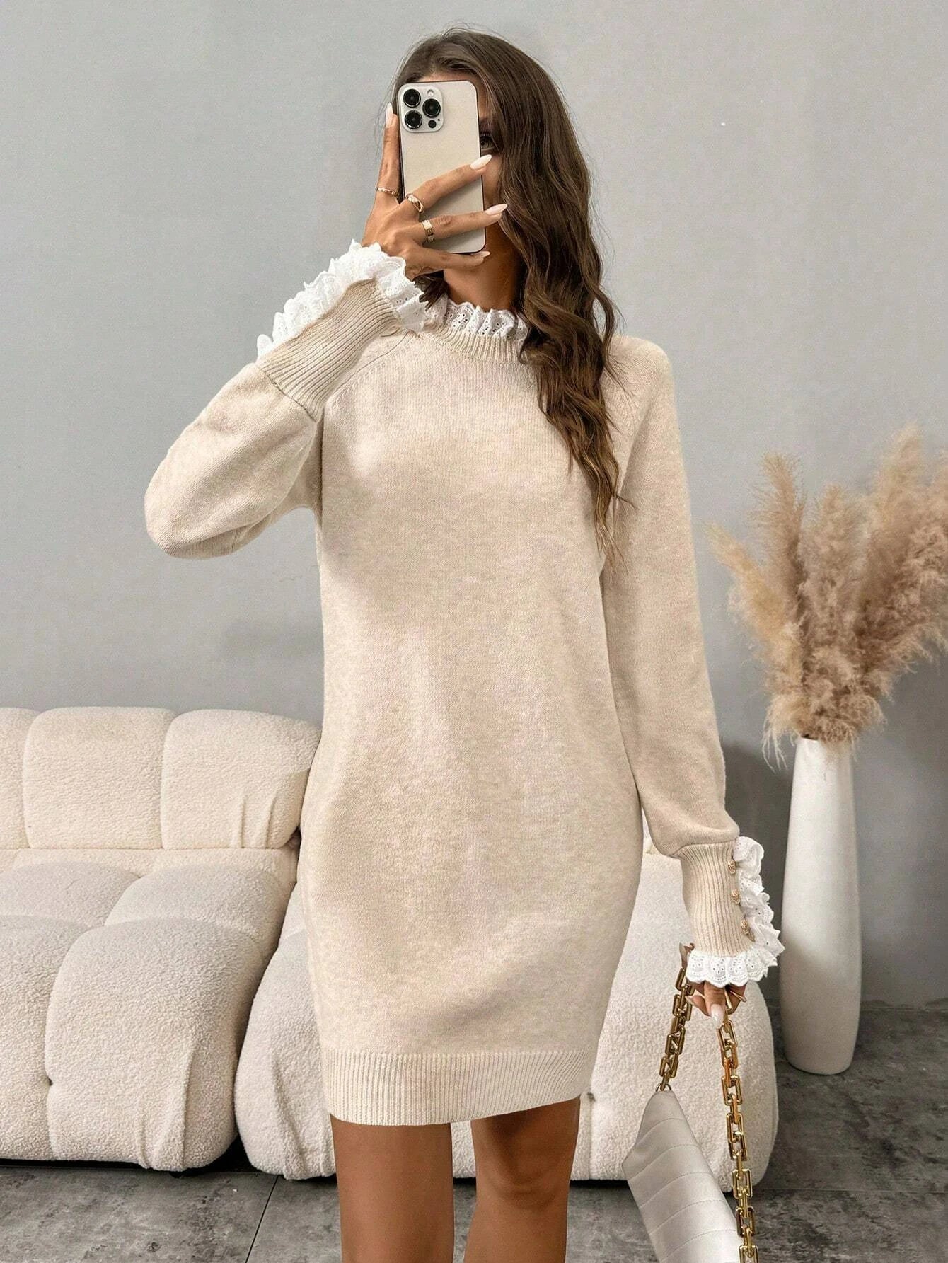 Autumn and Winter New Fashion Woman Sweater Lace Splicing Half High Neck Bottom Shirt Slim Sweater Lace Knit Top