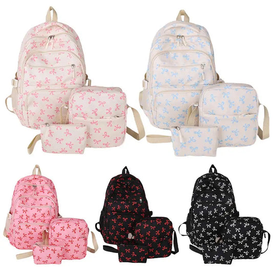 3Pcs/Set Bow Print Backpack with Crossbody Bag and Small Purse Bow Student Bookbag Simple Backpack for Elementary Middle Kids