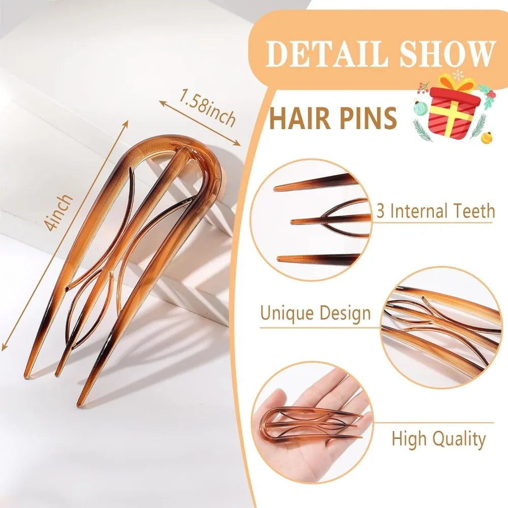 6PCS French Hair Pins for Women, Large Styling Pins for Thin Thick Hair, Unique 3 Internal Teeth Sticks