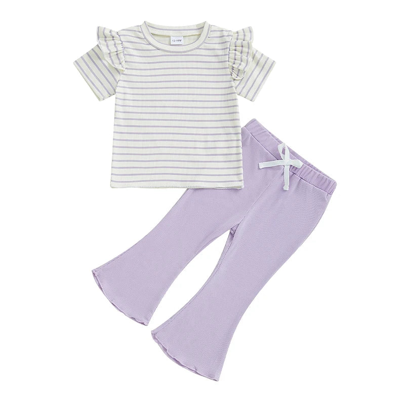 Girls Summer Outfits Lettuce Trim Striped Print Ruffles Short Sleeves T-Shirt with Elastic Flare Pants - Adorable Matching