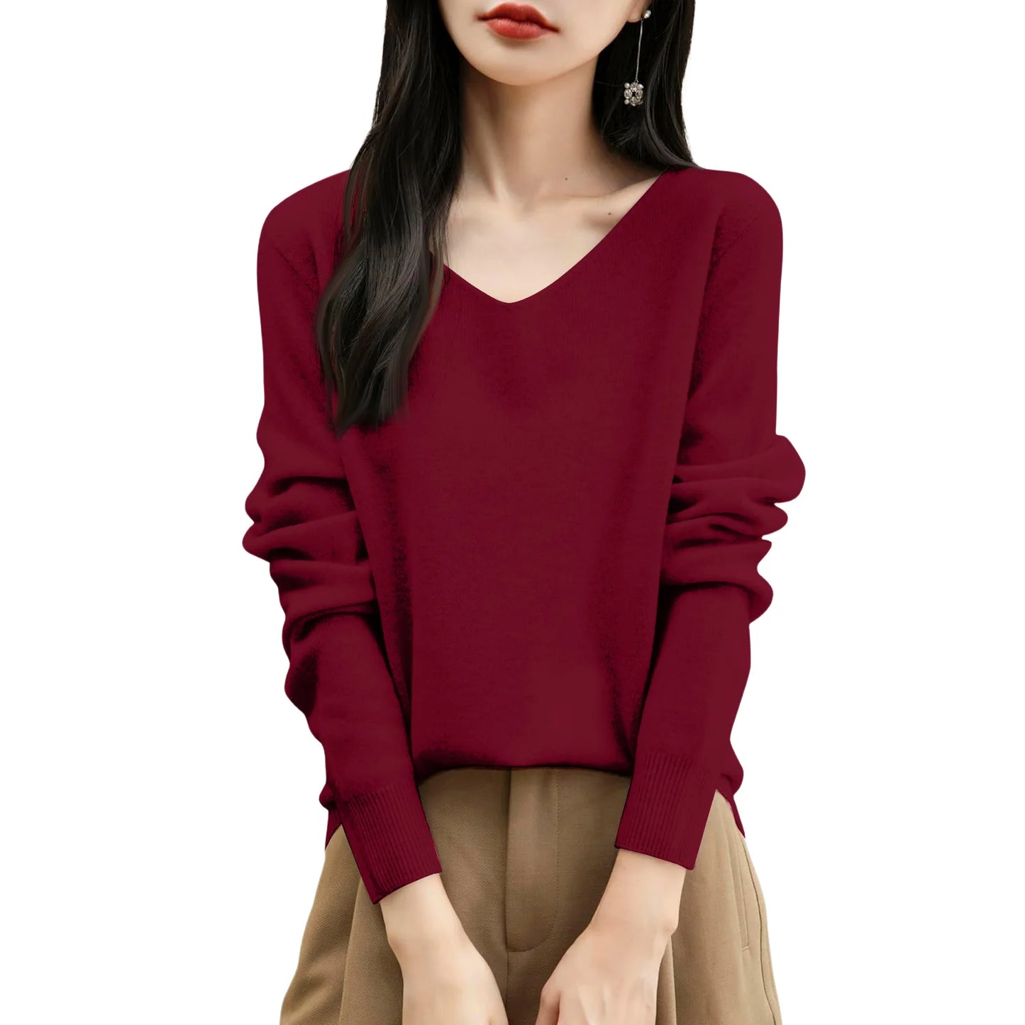 Women'S Fashion Flat-Knit V-Neck Pullover Sweater Solid Color Long-Sleeve Top Pulls Femmes Woman Clothes Sweater For Woman