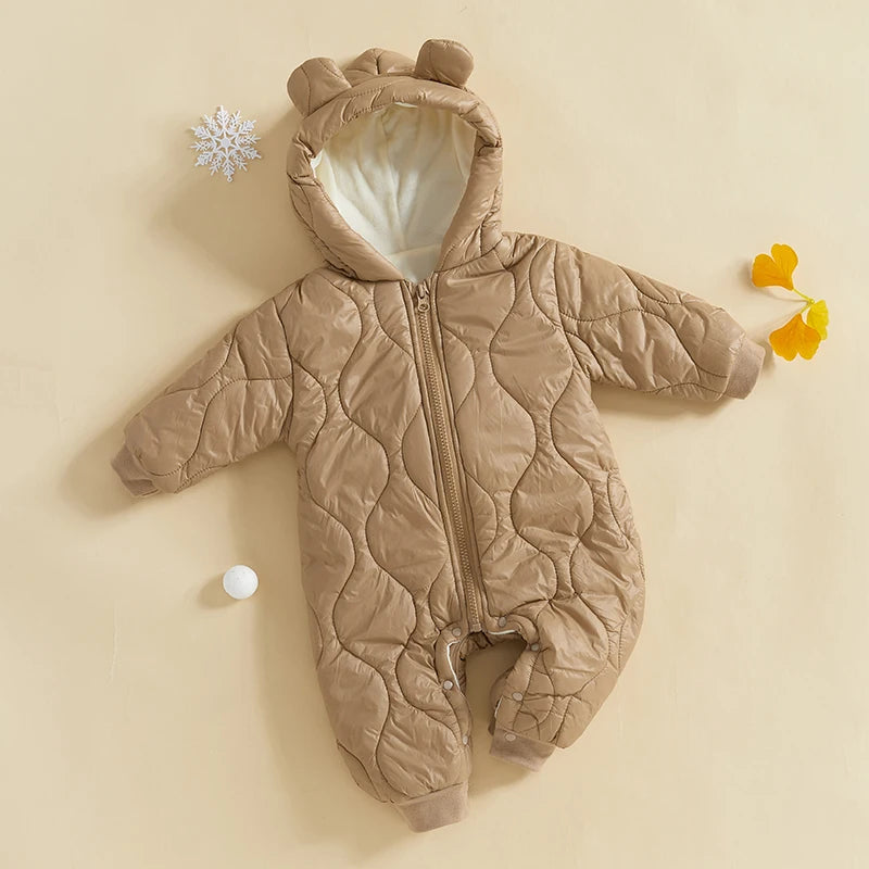 Infant Toddler Unisex Snowsuit Cozy Hooded Jumpsuit Winter Outerwear Puffer Coat with Zipper Closure and Long Sleeves