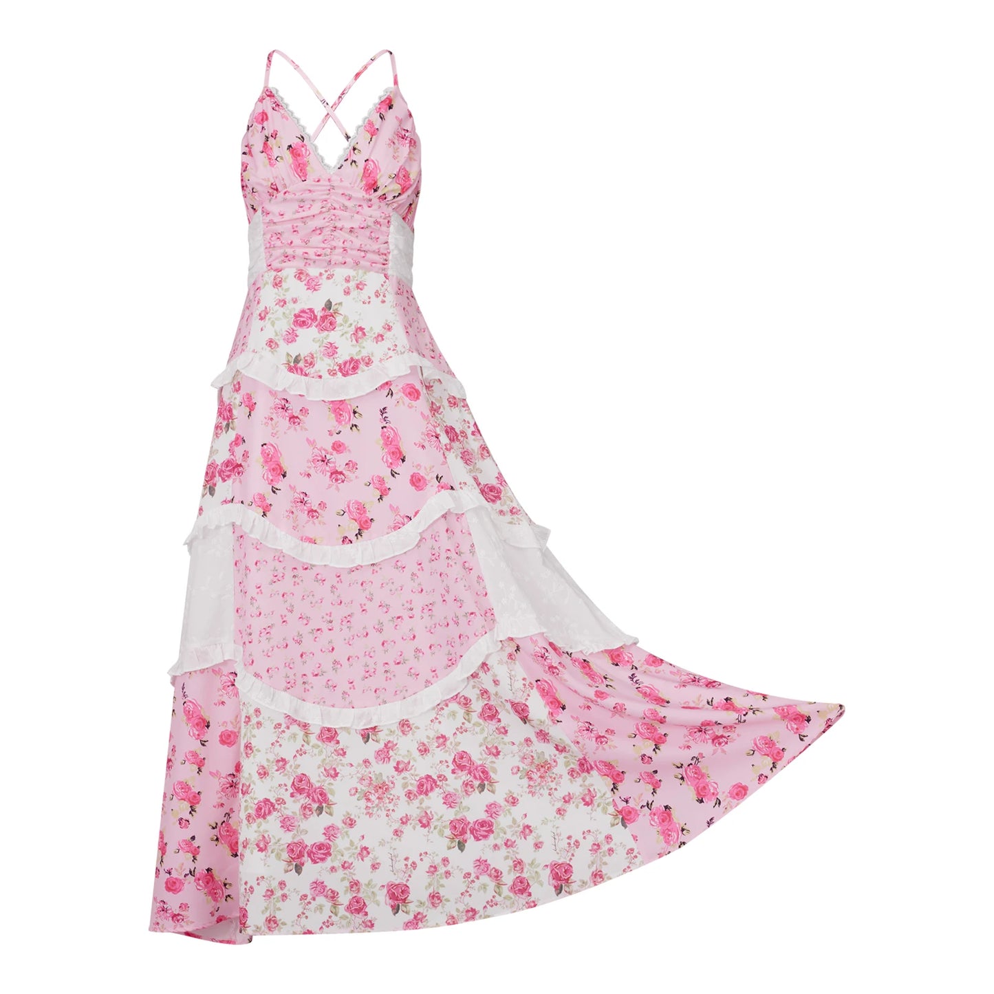 Elegant Boho Chic Maxi Dress with Floral Print and Delicate Lace Details Sleeveless V-Neck A-Line Dress for Summer Wedding or