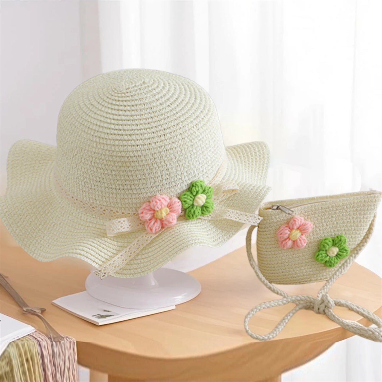 Girls Summer Sun Hat and Tote Bag Set with 3D Floral Embellishments Lace Detail Wide Brim and Adjustable Crossbody Strap