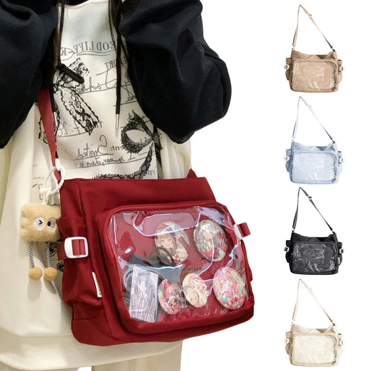 Women Ita Bag Japanese Style Shoulder Purse with Clear Window Teenagers School Bag Multi-pockets Adjustable Strap Chic Hobo Bag