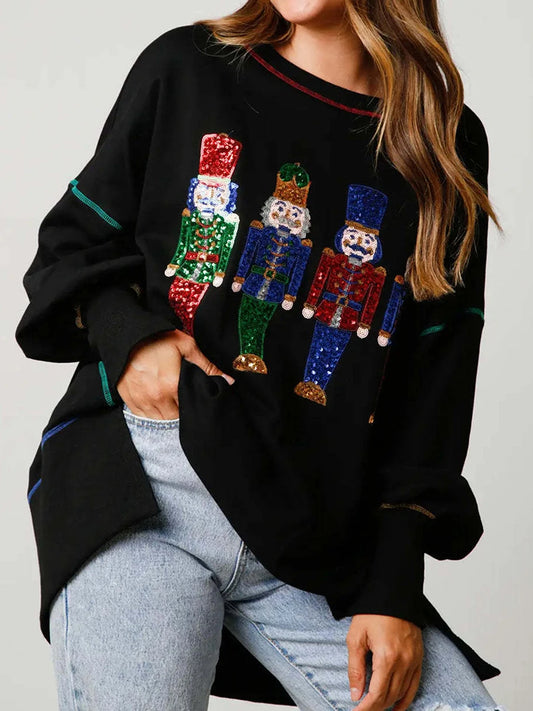 Women s Loose Sweatshirt Sequins Cartoon Person Crew Neck Long Sleeve Pullovers Fall Winter Casual Tops Shirts