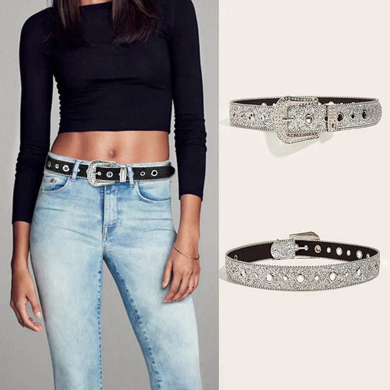 Goth Rhinestone Belts Women PU Leather Strap Bling Diamond Crystal Waist Belts Western Cowboy Y2K Girls Fashion Belt for Jeans