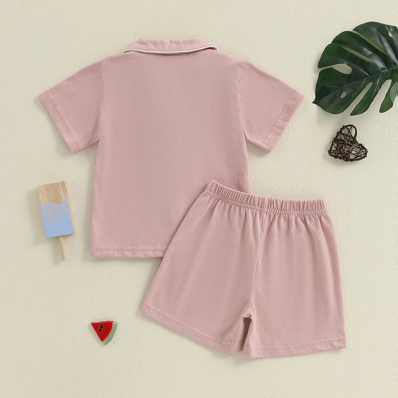 Girls Summer Pajama Set with Short Sleeve Patchwork Shirts and Elastic Waist Shorts - 2 Piece Lounge Suit for Sleepwear