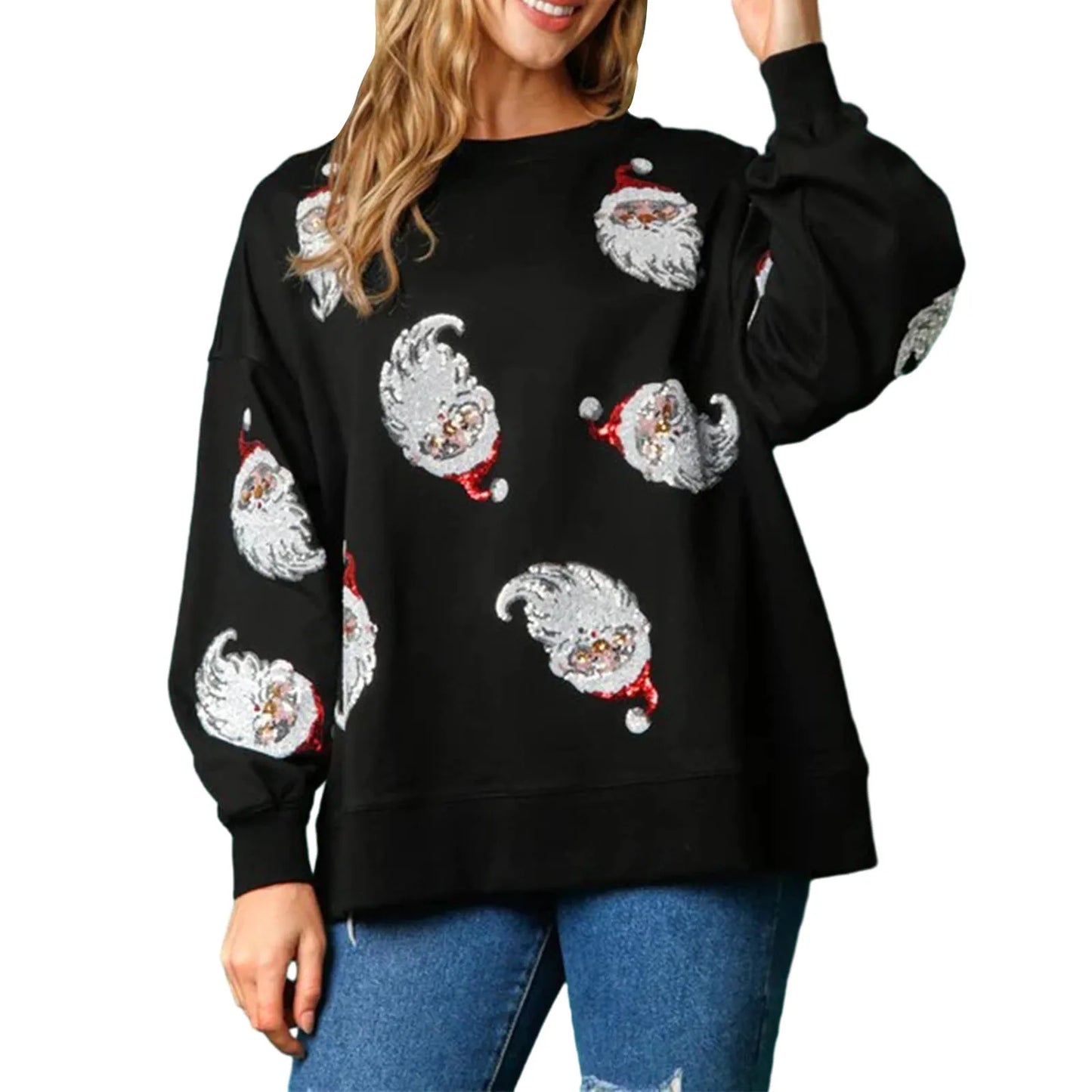 Women’s Crewneck Sweatshirt Loose Santa Claus Sequins Print Long Lantern Sleeve Tops for Christmas