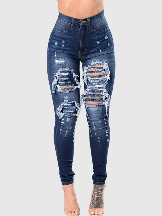 Women's High Waisted, High Stretch Ripped Tight Jeans, Fashionable, Casual and Comfortable Washed Jeans, Slanted Pockets, Suitab