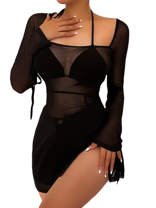 Women Bodycon Dress See-through Long Sleeve Square Neck Slit Mini Dress Clubwear