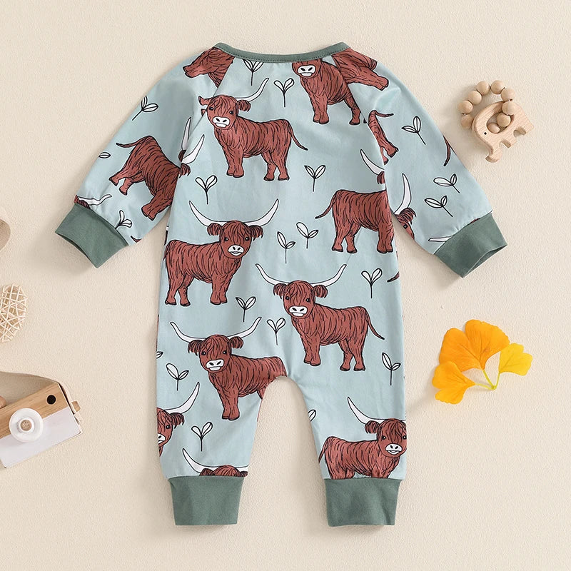 Infant Toddler Cow Print Round Neck Long Sleeve Zip-Up Western Romper Jumpsuit for Autumn - Unisex Baby Full Length Outfit