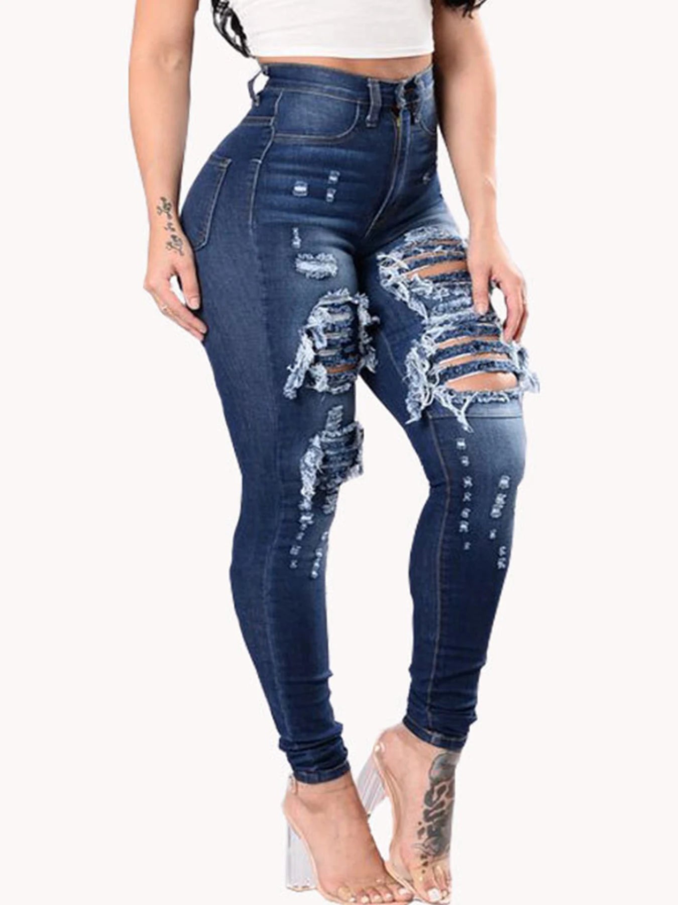 Women's High Waisted, High Stretch Ripped Tight Jeans, Fashionable, Casual and Comfortable Washed Jeans, Slanted Pockets, Suitab