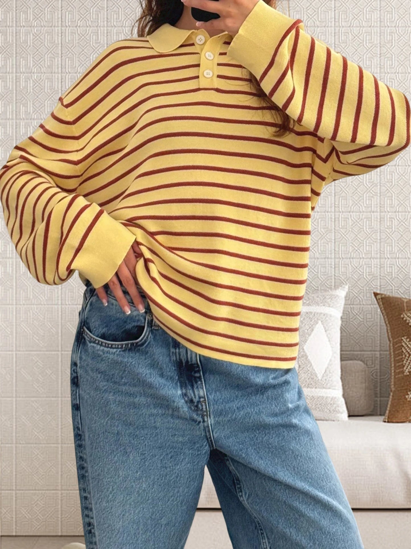 Women s Striped Collared Sweater with Loose Fit and Long Sleeves - Stylish Pullover Knit Top for Casual Winter and Fall Fashion