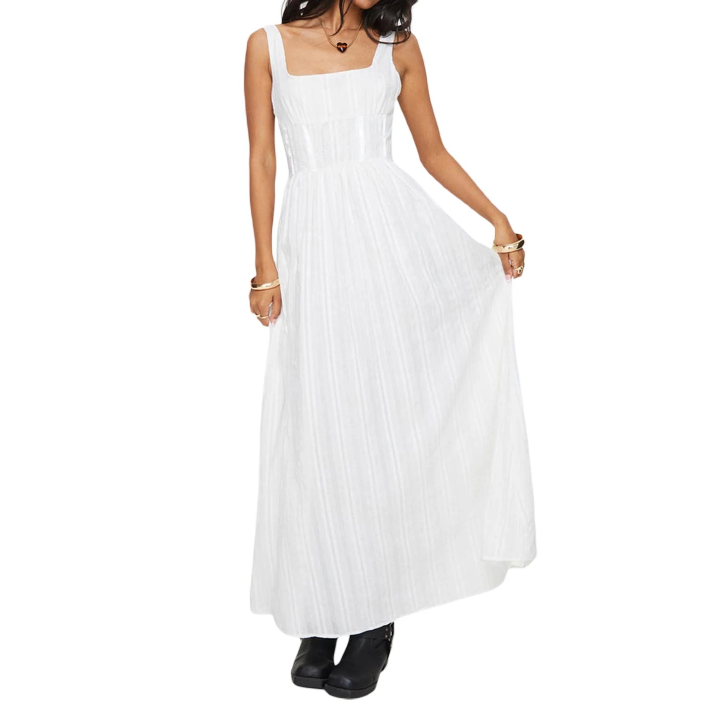Women’s Sleeveless Long Dress Square Neck Smock Waist Side Zipper Evening Dress for Summer