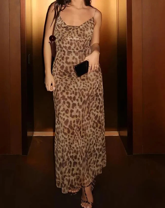 Weird Puss Leopard Print Dress Woman Summer Sexy Swing Collar Spaghetti Straps Backless Ruffles Party Clubwear Skinny Vestidos