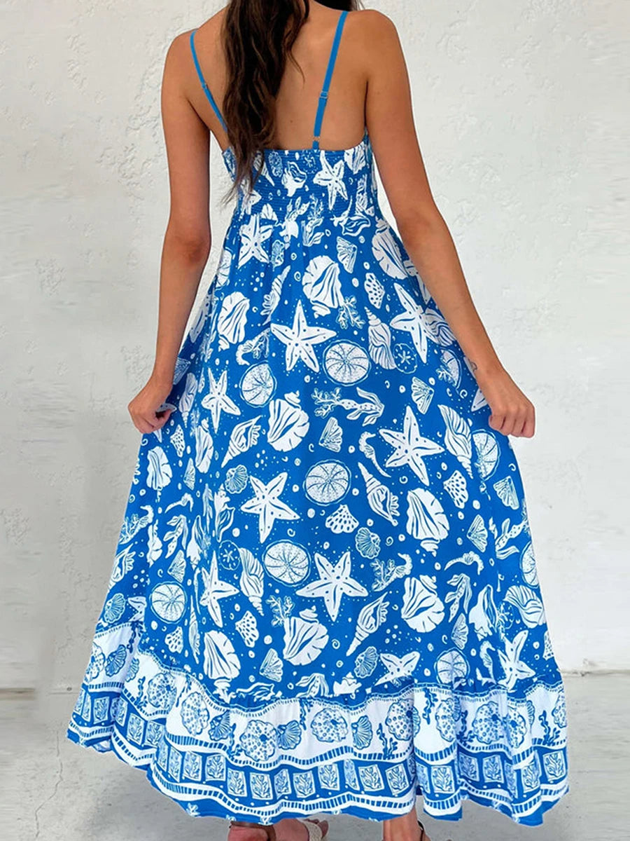 Women s Elegant Floral Print Sleeveless Maxi Dress with Adjustable Spaghetti Straps and A-Line Silhouette for Summer Beach