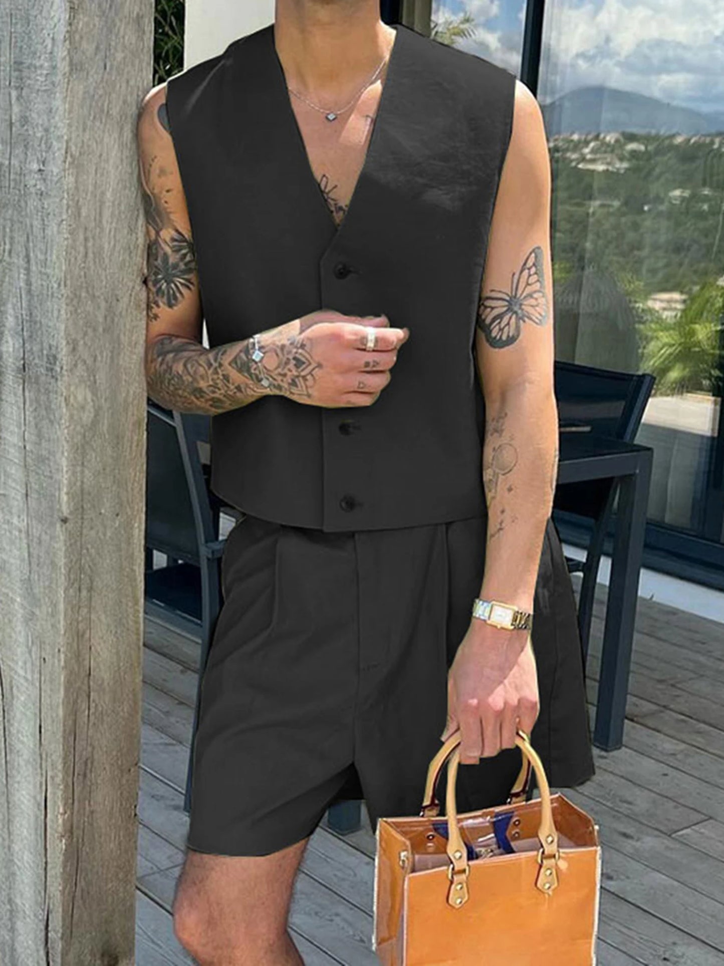 Stylish Men s Summer Ensemble Solid Color V Neck Button Up Vest Top and Wide Leg Shorts 2-Piece Outfit for a Fashionable Look