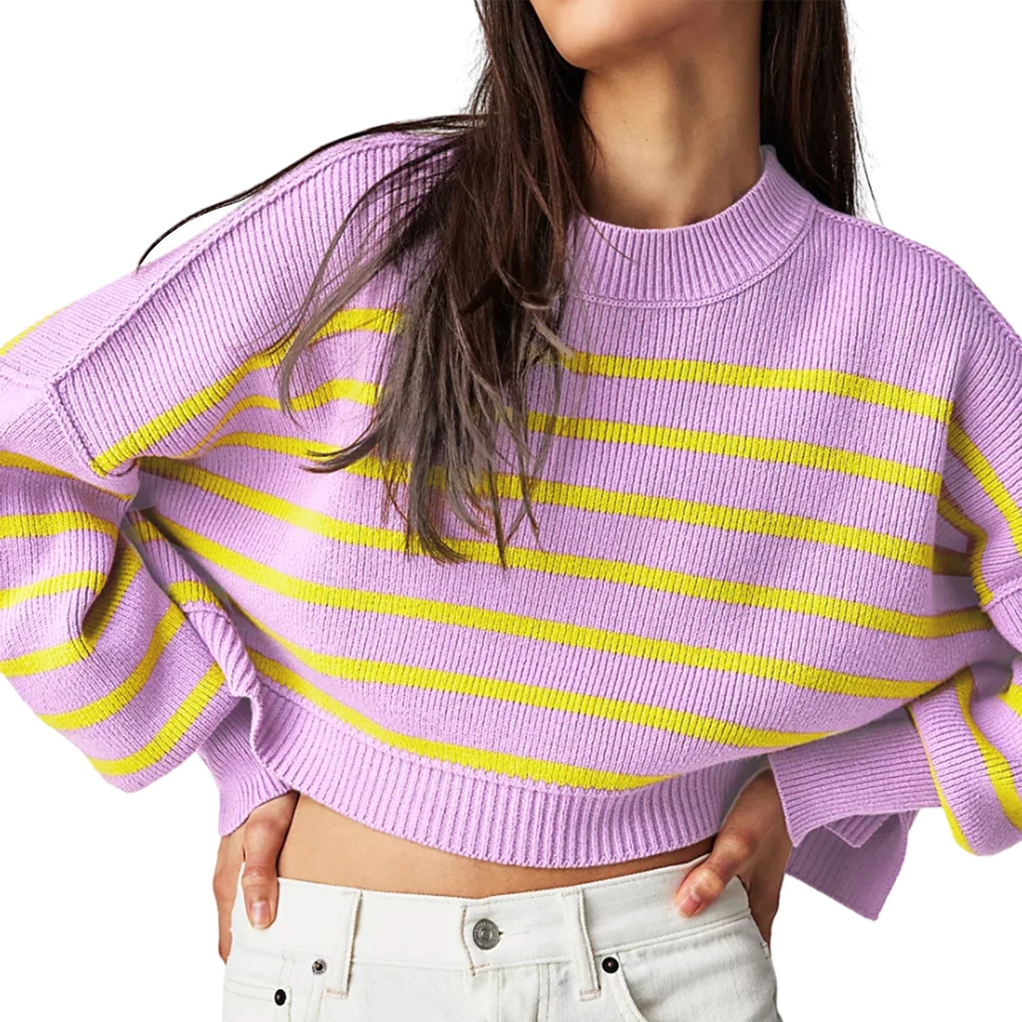 Women Solid Color Stripe Knit Sweater Crew Neck Long Sleeve Loose Pullovers Spring Fall Casual Jumpers Streetwear