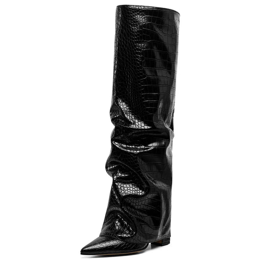 GIGIFOX Knee High Fashion Women Fold Over Boots Pleated Block High Heel Pointed Toe Shoes All-Match Street Snap Boots For Woman