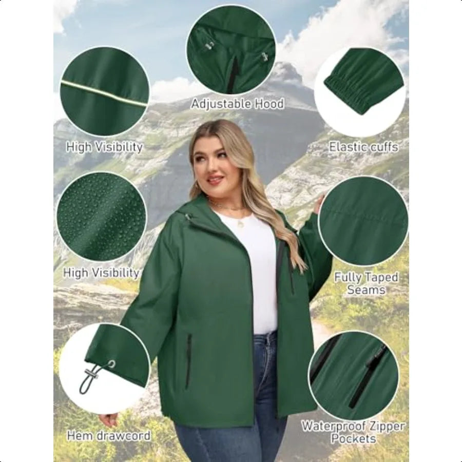 Avoogue Plus Size Womens Rain Jacket with Hood Waterproof Raincoats Lightweight Packable Outdoor Trench Coat XL5XL