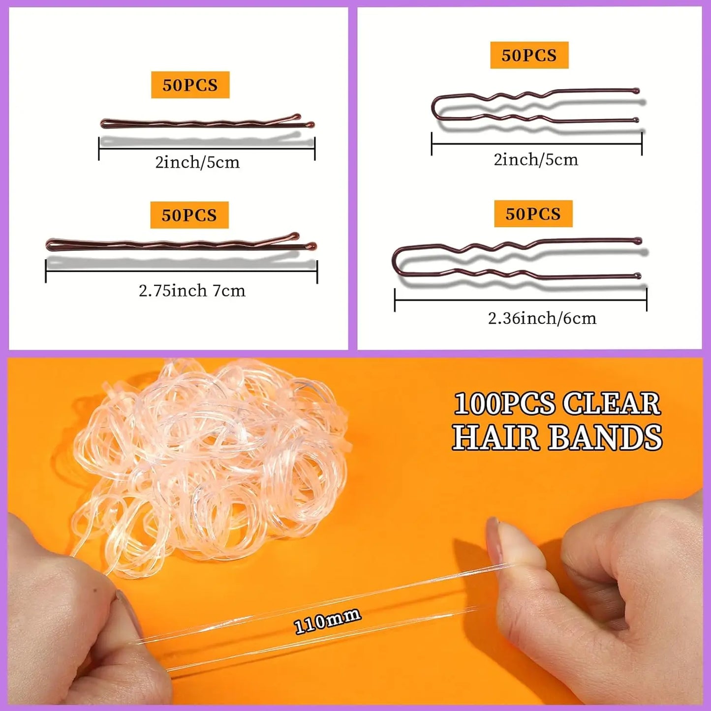 300 Pieces Bobby Clip Hair Clip Kit, 100 Hair Clips for Women, 100 Bobby Pins for Brown Hair and 100 Hair Bands