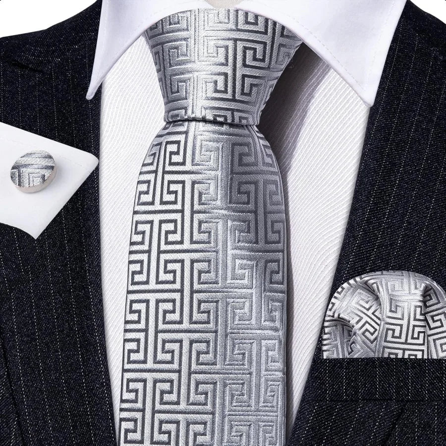 Barry.Wang Classic Mens Ties Silk Necktie Pocket Square Cufflinks Set Woven Designer Wedding Business