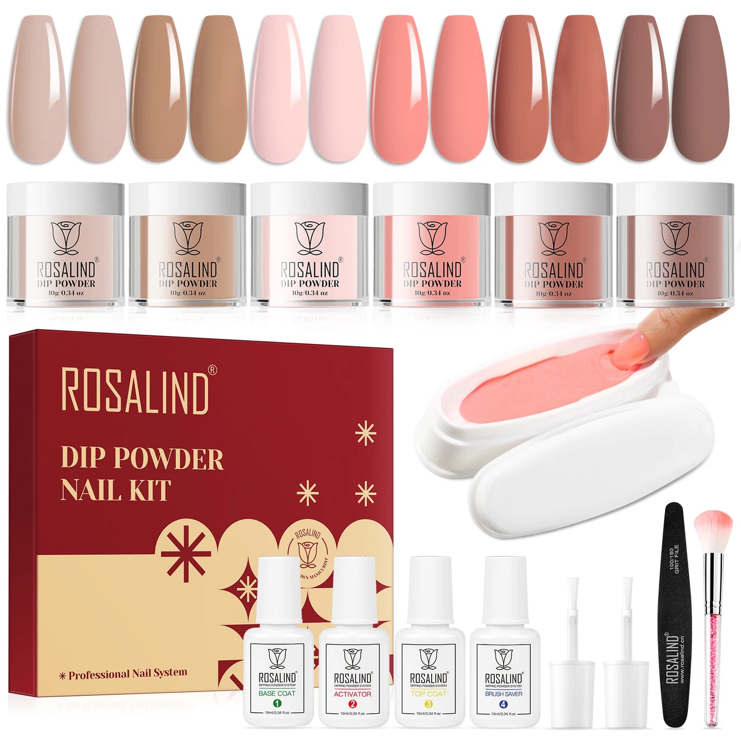 ROSALIND 6 Colors Dip Powder Nail Dip Powder Colors Liquid Set with Base&Top Dip Nails Powder Starter Kit