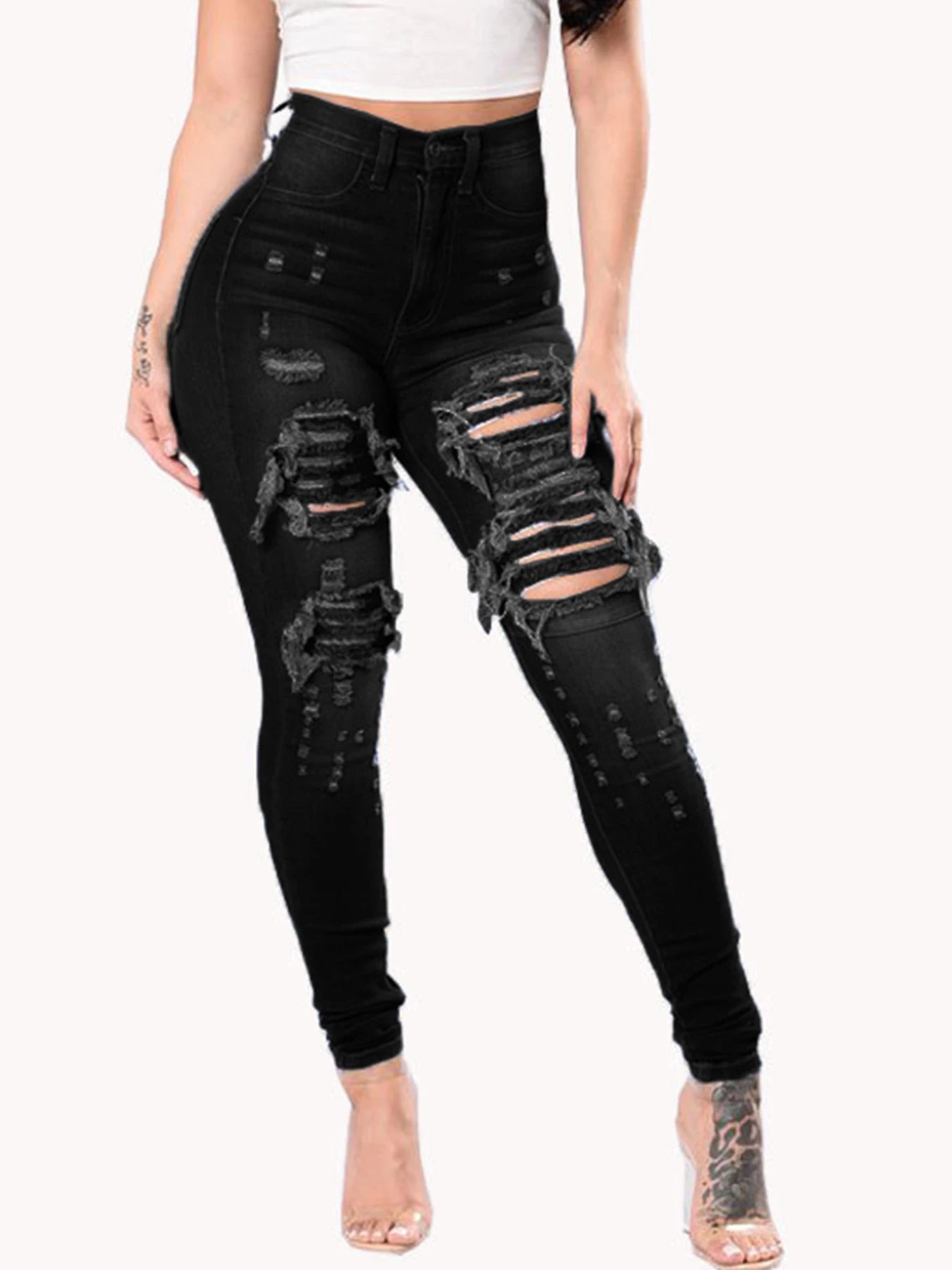 Women's High Waisted, High Stretch Ripped Tight Jeans, Fashionable, Casual and Comfortable Washed Jeans, Slanted Pockets, Suitab